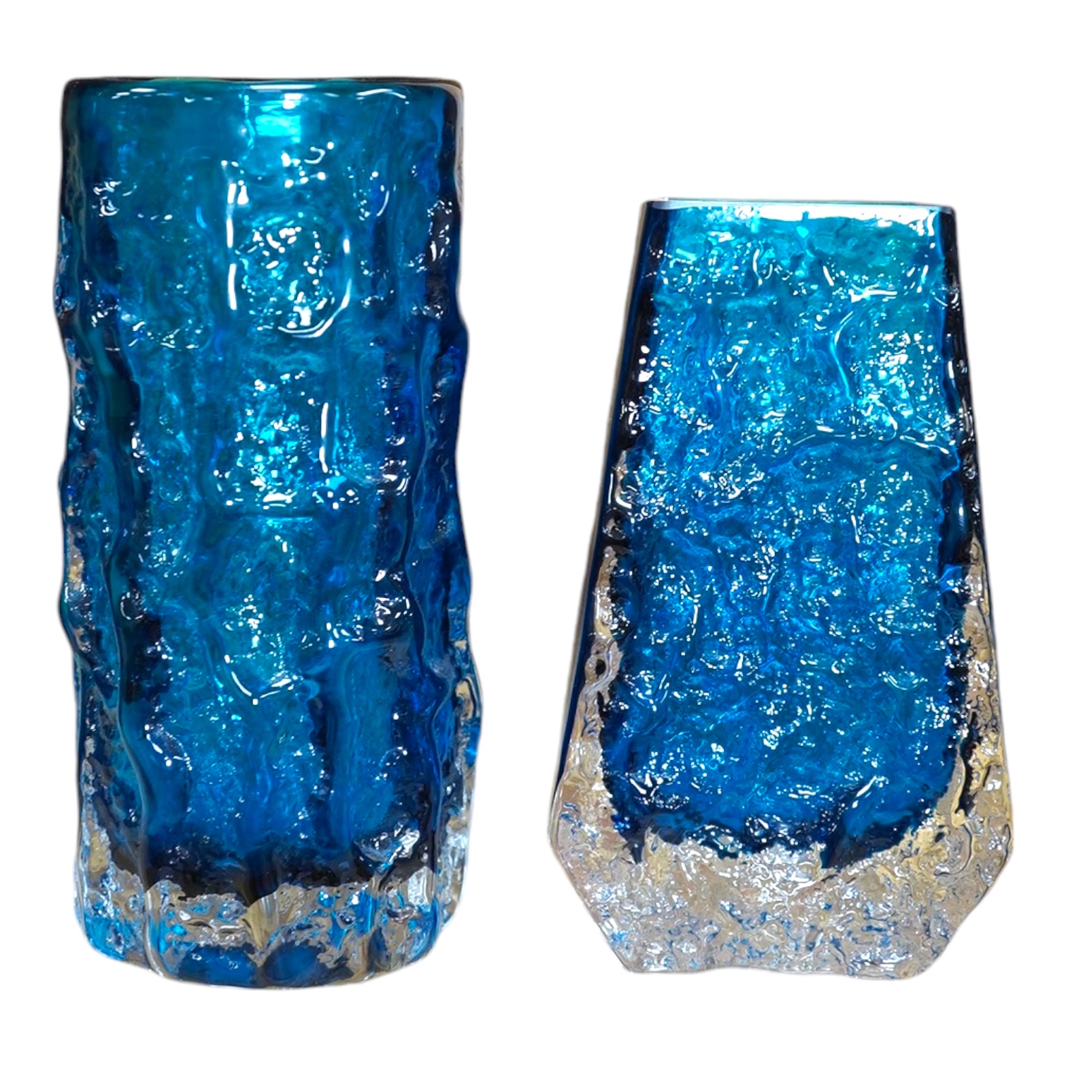 Two Whitefriars bark effect vases - Kingfisher Blue, tallest 15cm high. Condition - good